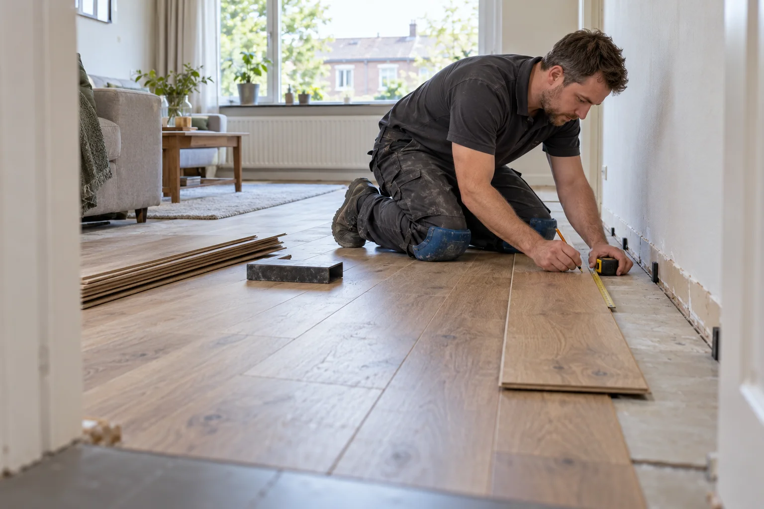 Illustrative photo: a handyman fits laminate flooring.